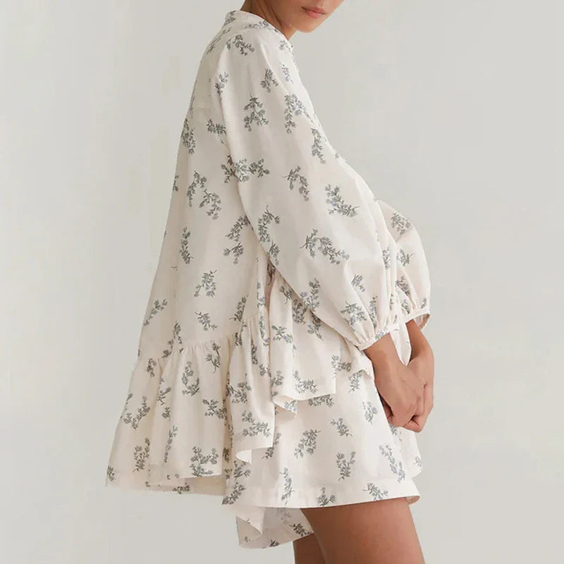maoxiangshop - Print Shorts Suit Women's Chic Puff Sleeve Ruffled Splice T-Shirt Loose Shorts Matching Set Female Fashion Autumn Outfits
