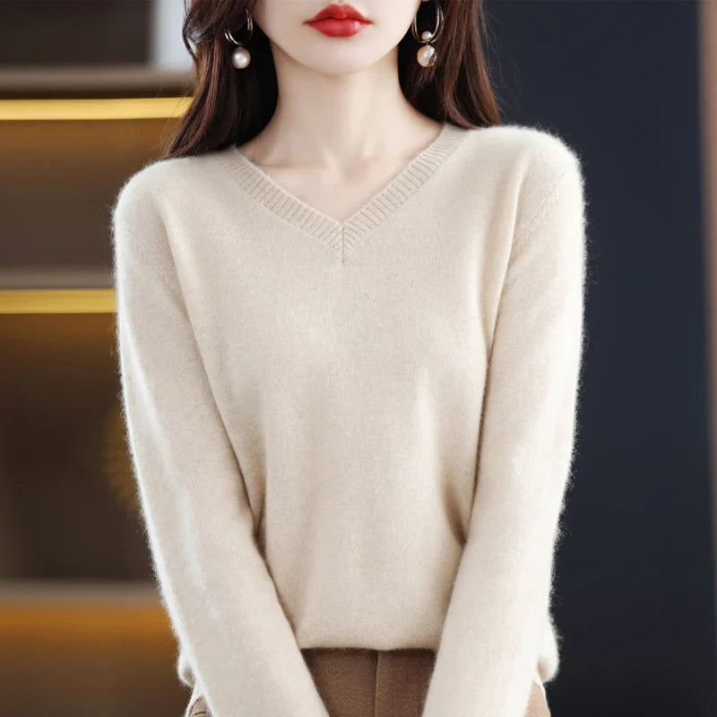 maoxiangshop Cashmere Sweater Women's Knitting Sweater 100% Pure Merino Wool Winter Fashion Basic V-neck Chic Top Autumn Warm Pullover