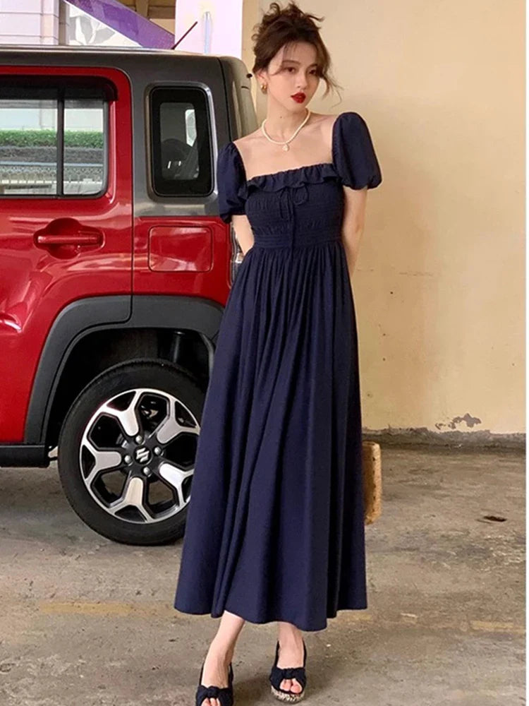 Summer New Women Elegant Midi Chic Drawstring Dresses Holiday Prom Beach Robe Vestidos Clothes