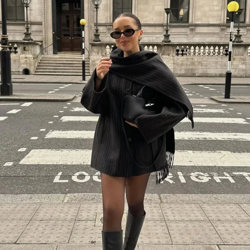 maoxiangshop - Fashion Striped Scarf Collar Short Jacket Women Elegant Wool Blend Single Breasted Crop Coat 2024 New Autumn Street Warm Outwear