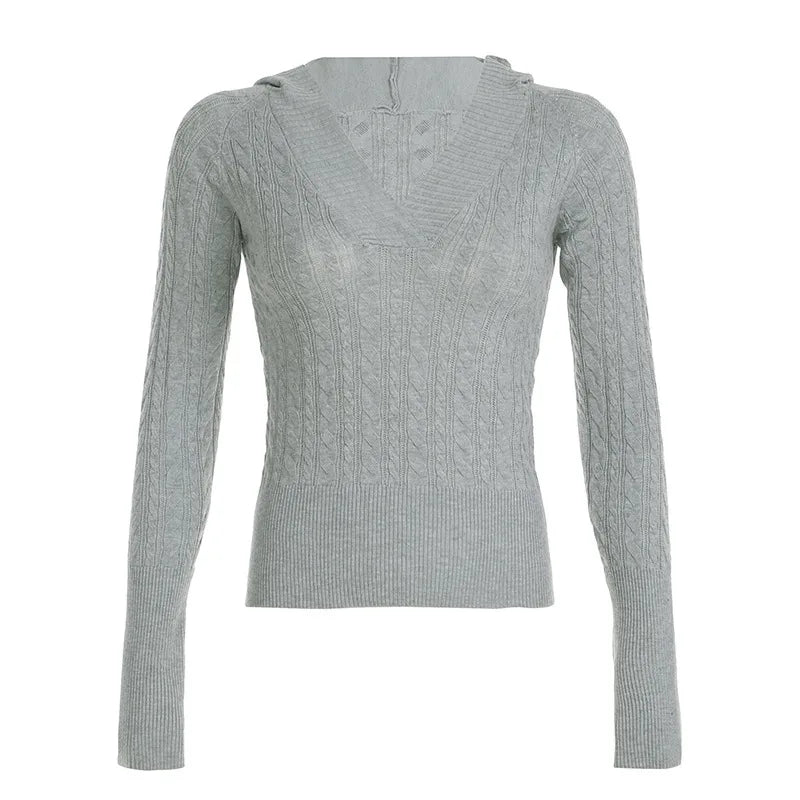 maoxiangshop - Twisted Flower Woven Hooded Sweater Women V-Neck Long Sleeve Solid Color Slim Casual Sweatshirt Autumn/Winter Streetwear