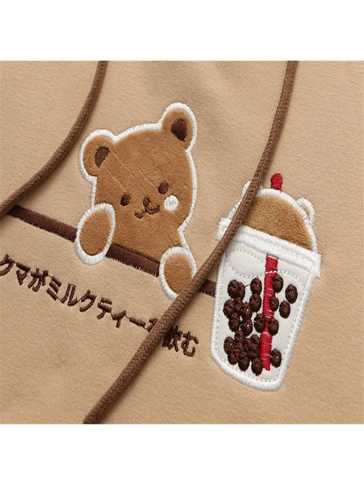 maoxiangshop Fleece Harajuku Cartoon Bear Embroidery Casual Hoodies Sweatshirt Women Winter Long Sleeve Patchwork Korean Style Pullover