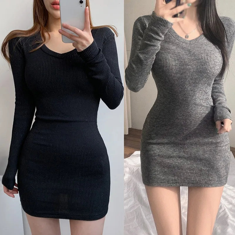 Korean Autumn/Winter Dress Solid Spring Outfits V-neck Slim Fit Sexy Wrap Hip Elastic Long Sleeve Dress