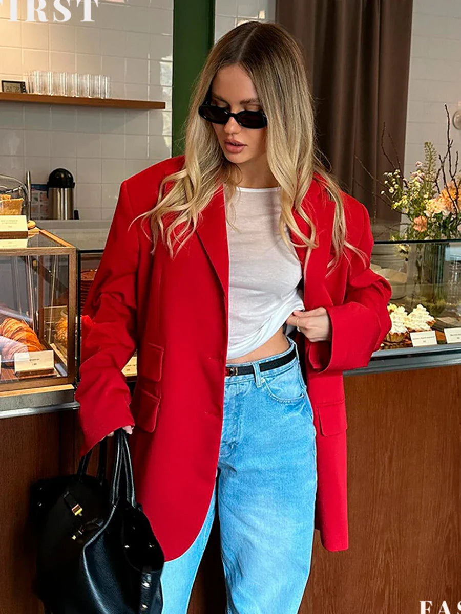 maoxiangshop - Autumn Red Fashion Blazer Women 2024 New Single Breasted Long Sleeve Pockets Outerwear Streetwear Fashion Casual Jackets Female