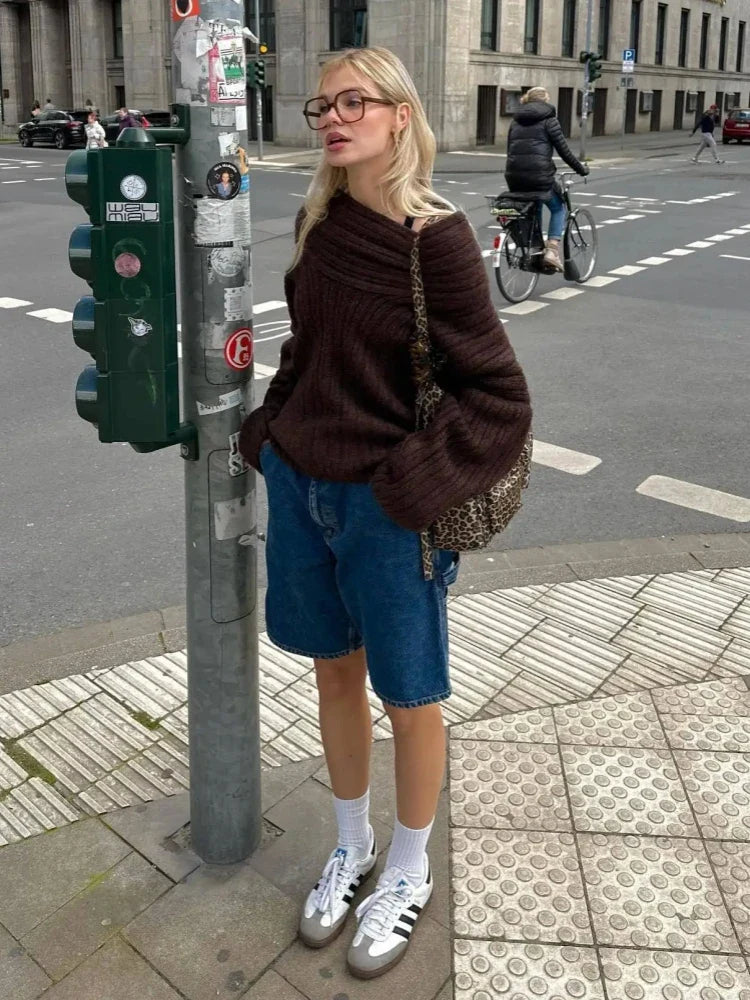 maoxiangshop - Elegant Oversize Knitted Thick Pullover Winter Fashion Slash Neck Full Sleeve Gray White Warm Women Sweater Streetwear