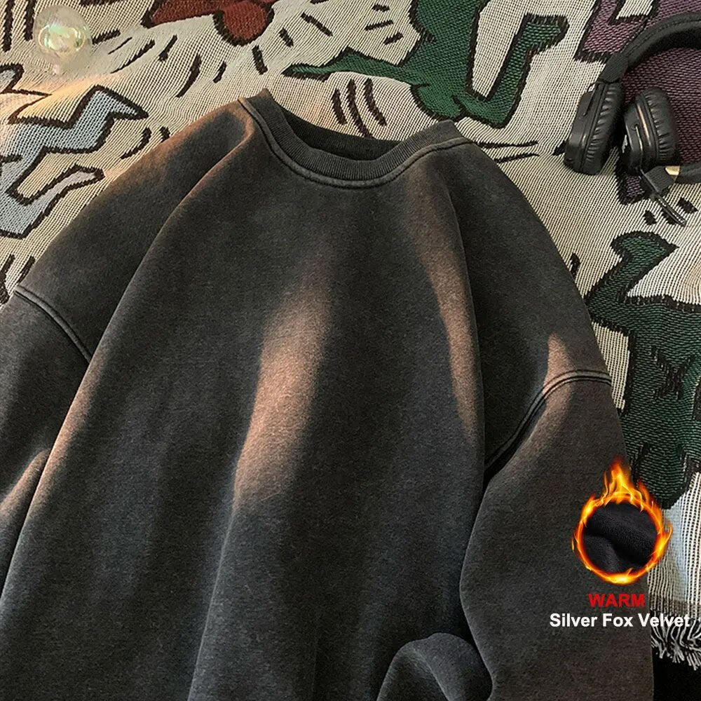 maoxiangshop American Washed Old Pullovers Sweatshirts Men Loose Solid Color Autumn Large Size Warm O Neck Tops Hip Hop Y2k Sweatshirt