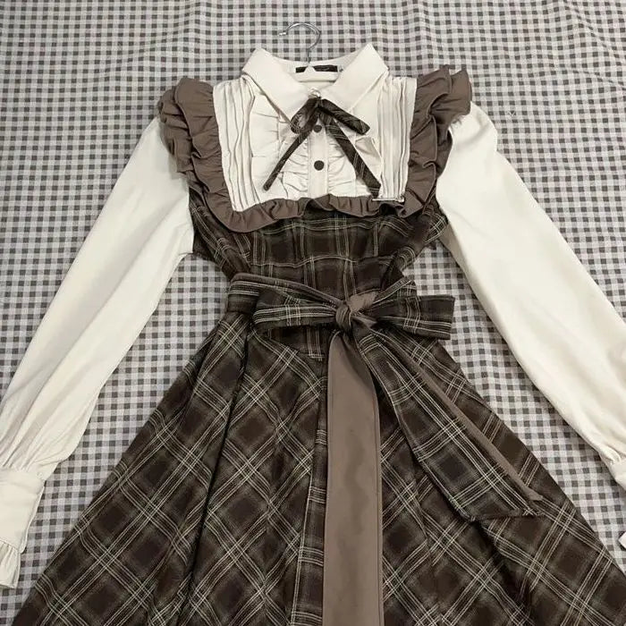 maoxiangshop - Autumn Fake Two Piece Spliced Long Sleeve Plaid Dress for Women Waist Slimming Sweet Girl College Style A-line Long Dresses