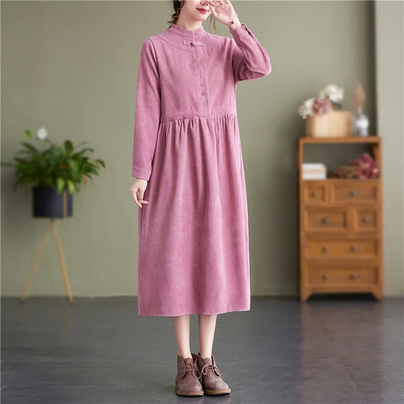 maoxiangshop Vintage Corduroy Dress Stand Collar Buttons High Waisted Midi Dress Long Sleeve Retro A Line Dress Women Pockets Autumn