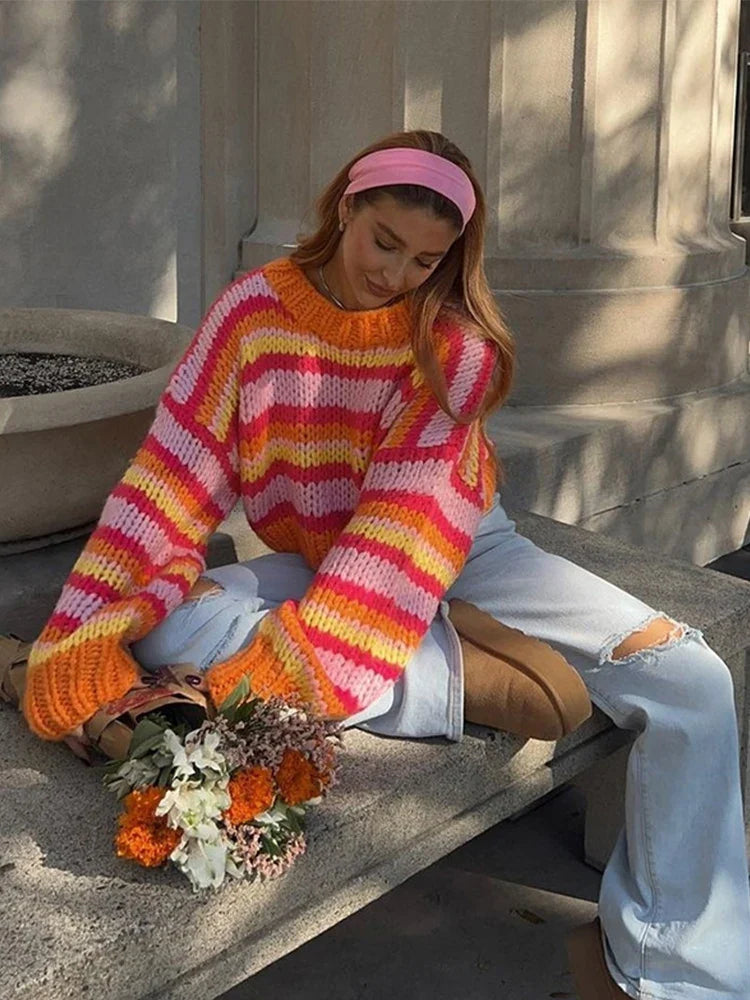 maoxiangshop - Casual Knitted Striped Pullover Sweaters Women Vintage Loose Contrast Color O-neck Sweater Female Autumn Chic Thick Streetwear