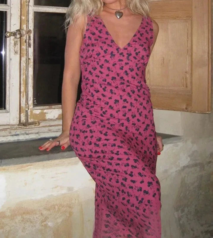 maoxiangshop Floral Print Deep V-Neck Slip Elegant Women Autumn Maxi Dress Fashion Sexy Backless Slim Long Dresses New