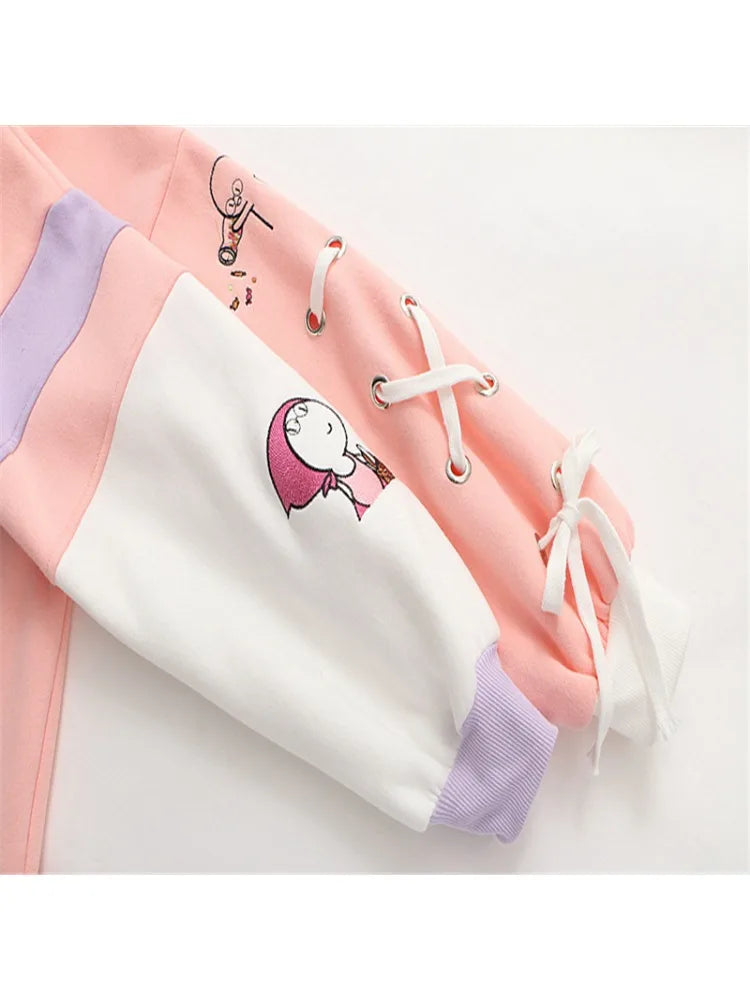 Women Hoodies And Sweatshirts Cartoon Tetter Embroidery Long Sleeve Hooded Pullover Tracksuits Sweet Style Female Tops