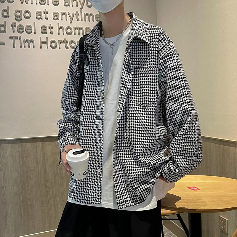 Legible Spring Autumn Long Sleeve Shirts Men Casual Loose Turn Down Collar Plaid Shirt Man