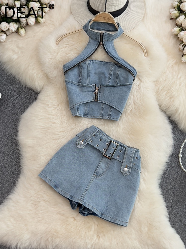 maoxiangshopWomen Halter Backless Sexy Denim Top Hig Waist Shorts New Two Piece Set Temperament Fashion Spring Summer