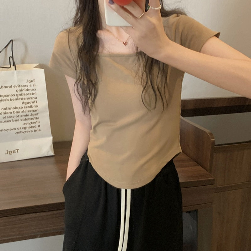 maoxiangshopWomen Long Sleeve Square Neck T-Shirt Spring And Autumn New Irregular Hem Slim Casual Top Girl Bottom Shirts