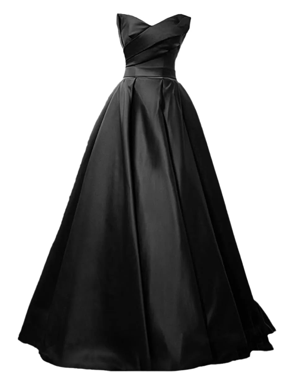 maoxiangshop Elegant A-Line Strapless Satin Evening Dresses for Women Sweetheart Neck Back Lace-up Floor Length Prom Gowns with Pleat