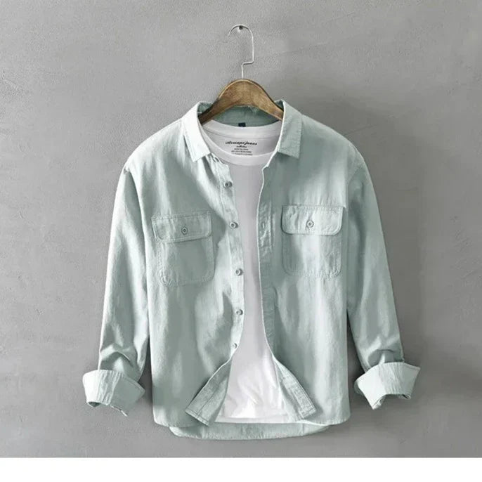 maoxiangshop Spring and Autumn New Men Men's White Long Sleeve Shirt Pure Cotton Retro Style Button Up Pocket Male White Clothes Top