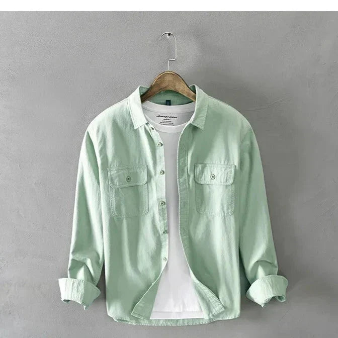 maoxiangshop Spring and Autumn New Men Men's White Long Sleeve Shirt Pure Cotton Retro Style Button Up Pocket Male White Clothes Top