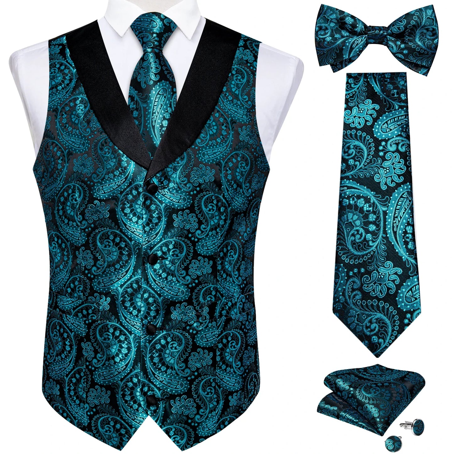 maoxiangshop Brand Suit Vest Set For Men Luxury Silk Black Gold Paisley Dress Vest Tie Cufflinks Handkerchief Set Male Sleeveless Waistcoat