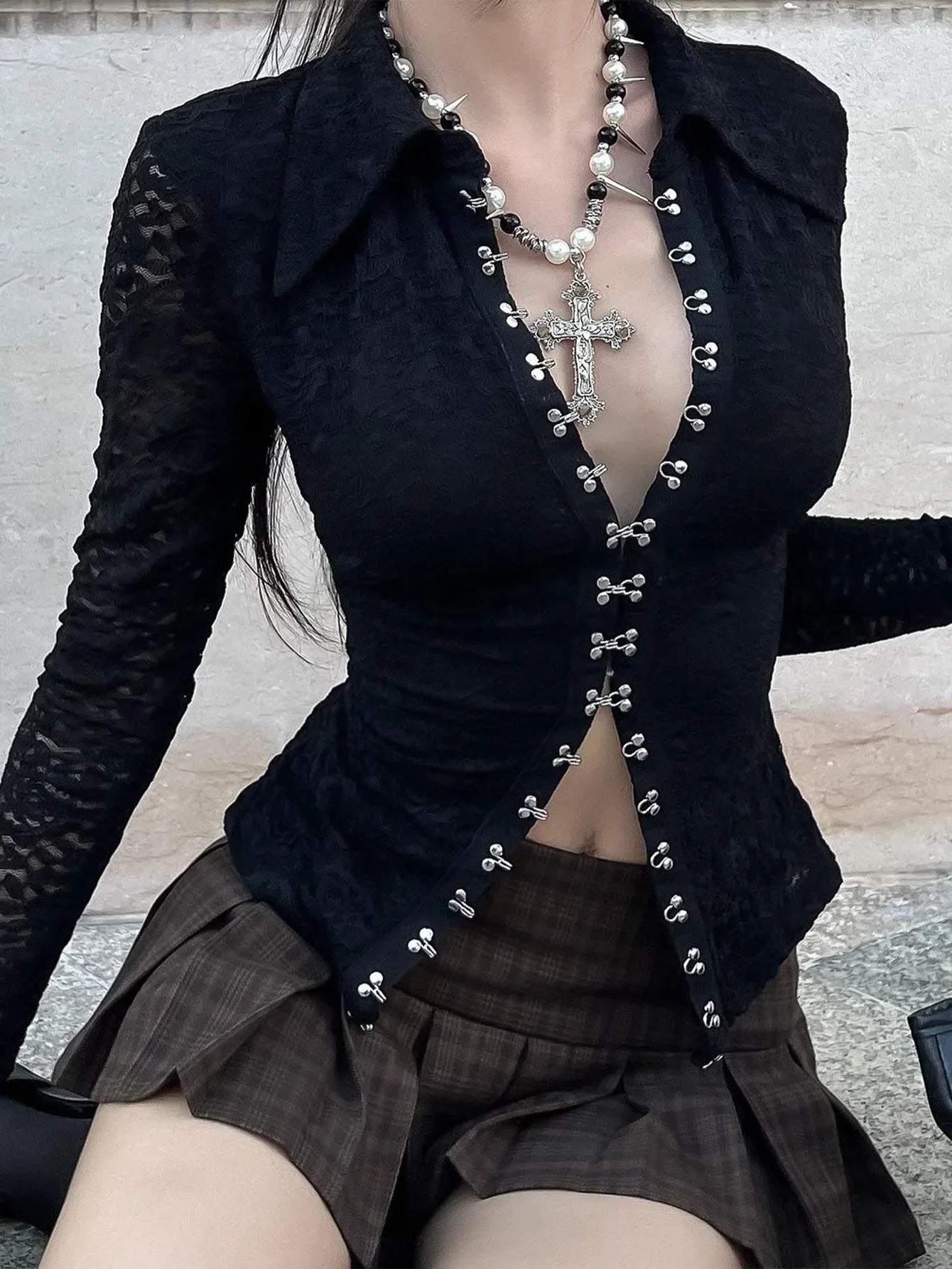maoxiangshop - 2024 Autumn Women Solid Lace Shirts Fashion Turn Down Collar Flare Long Sleeve Single Breasted Slim Tops Casual Streetwear