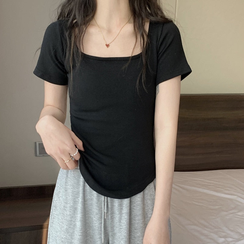 maoxiangshopWomen Long Sleeve Square Neck T-Shirt Spring And Autumn New Irregular Hem Slim Casual Top Girl Bottom Shirts