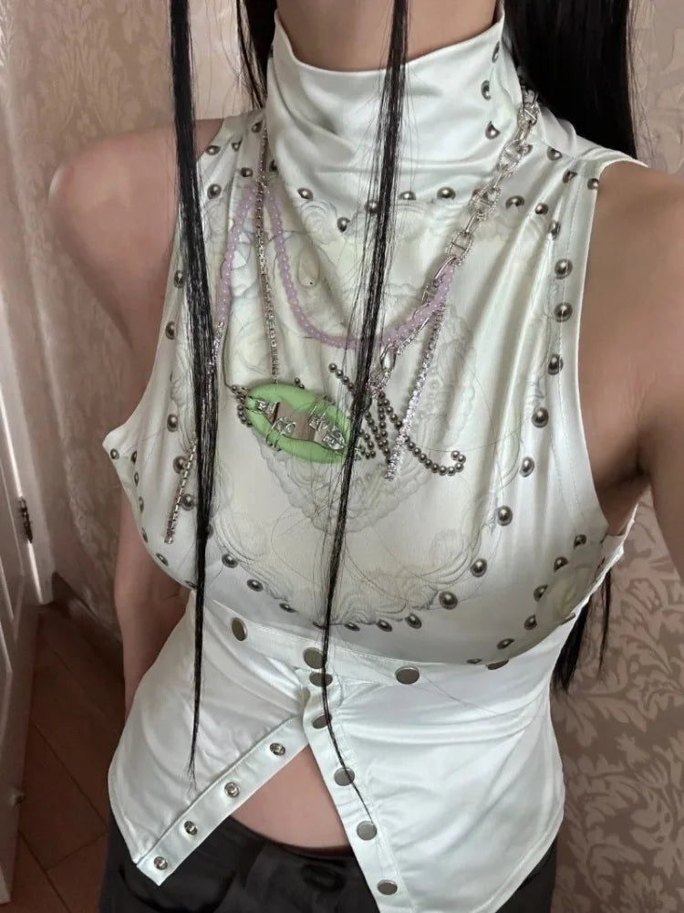 maoxiangshop - Rivet Button Printed Vest for Women American Retro Fashion Street Slim T-shirt Summer Sexy Hot Girl Y2k Crop Top Gothic Clothes