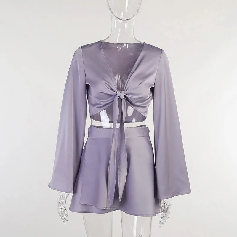 Y2k Satin Two Piece Set Women Autumn White Lantern Long Sleeve Crop Cardigan Tops Elegant Suits Lace Up Wrap Sexy Mini Skirts