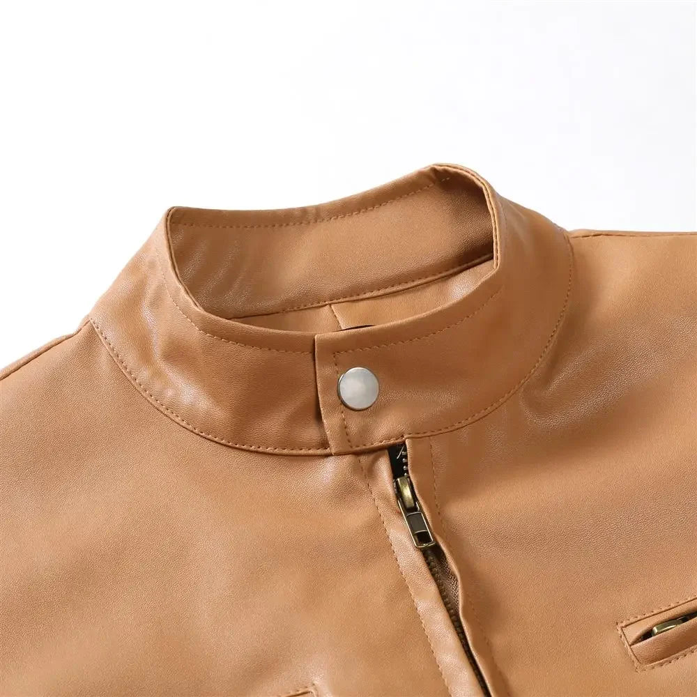 maoxiangshop Autumn Mens Stand Collar Jacket Coat Black Leather Motorcycle Jacket Solid Color Zipper Streetwear Winter Warm Biker Jacket Men