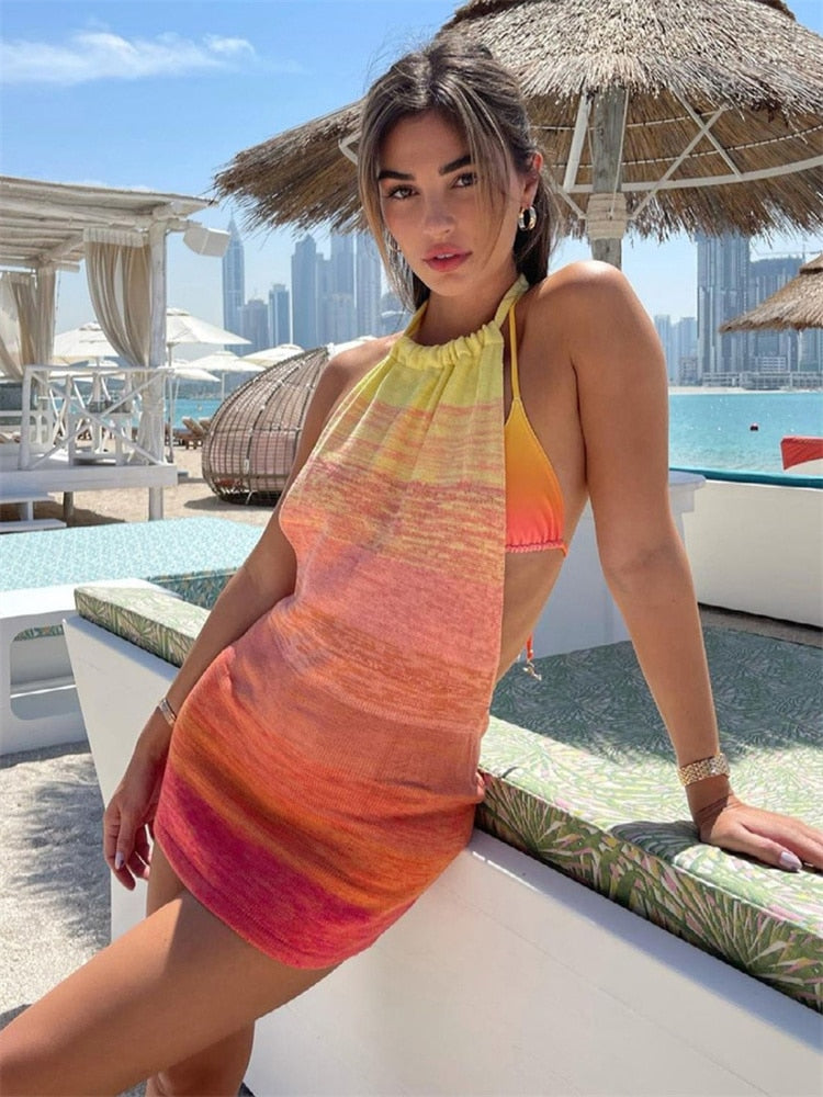 maoxiangshop Summer Gradient Backless Knit Dress Women New Mini Beach Party Halter Dress Holiday Slim Ladies Stretch Sweater Dress