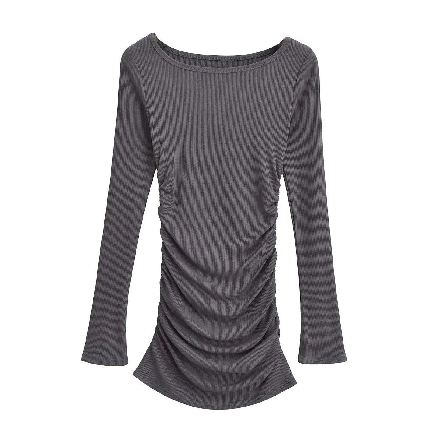 maoxiangshop - Autumn/winter New Round Neck Long Sleeve Dress Women Cinching Waist Wrap Hip Solid Slim Pleated Knitted Short Dress