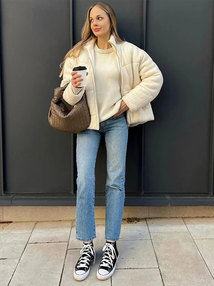 maoxiangshop - Knitting Cotton Print Down Short Jackets Women Thickening Solid Zipper Stand Collar Jacket Female Winter Chic Windproof Outwear