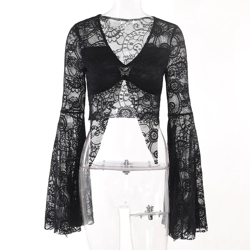 maoxiangshop Dark Lace See Through Mall Gothic Women T-shirts Emo Sexy Grunge Aesthetic Flare Sleeve Crop Tops Y2k Black V-neck Alt Tees