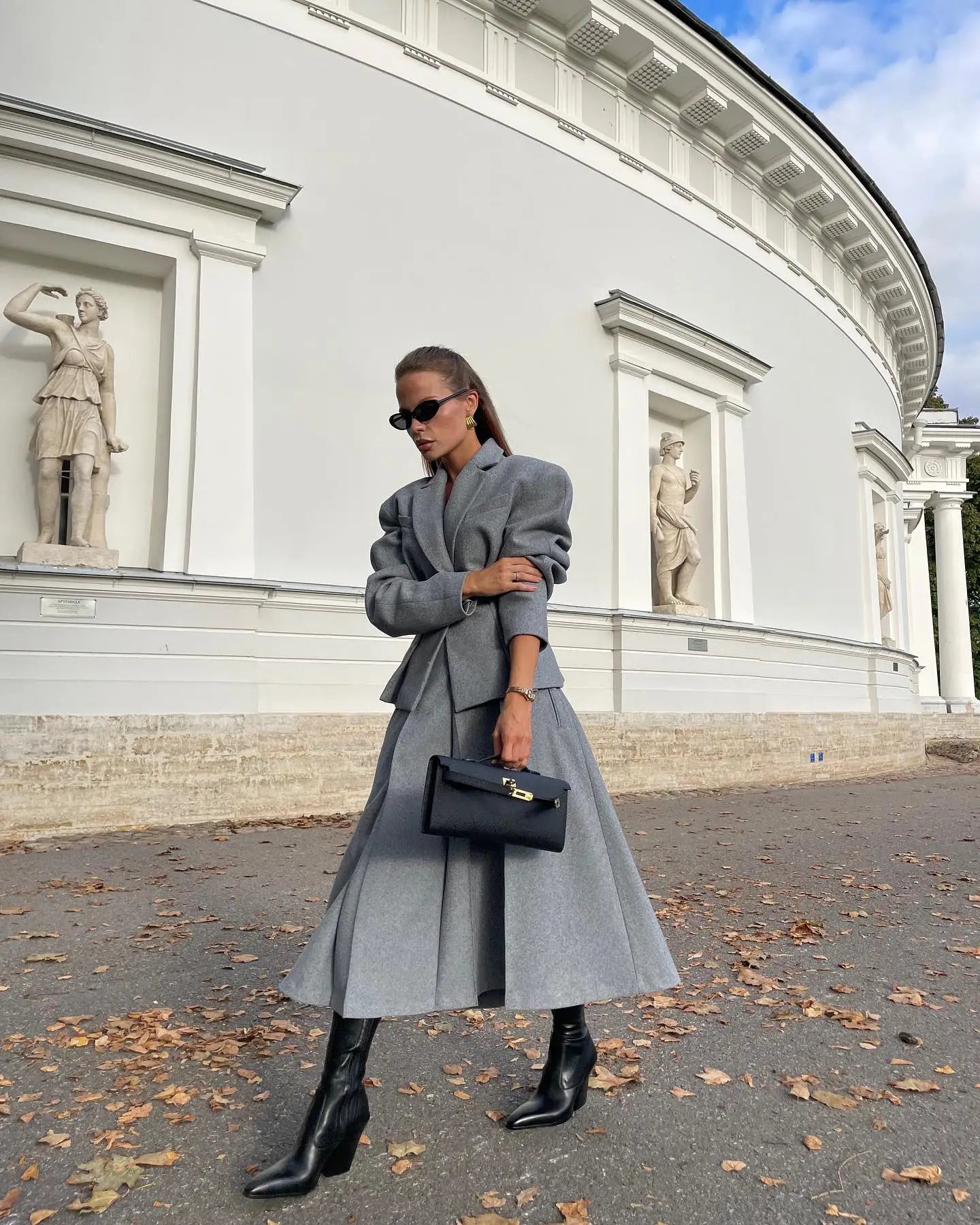 maoxiangshop - 2024 Autumn New Grey Pleated Skirt Set For Women Solid Lapel Collar Blazers High Waist Skirts 2 Pieces Set Lady Party Club Suit