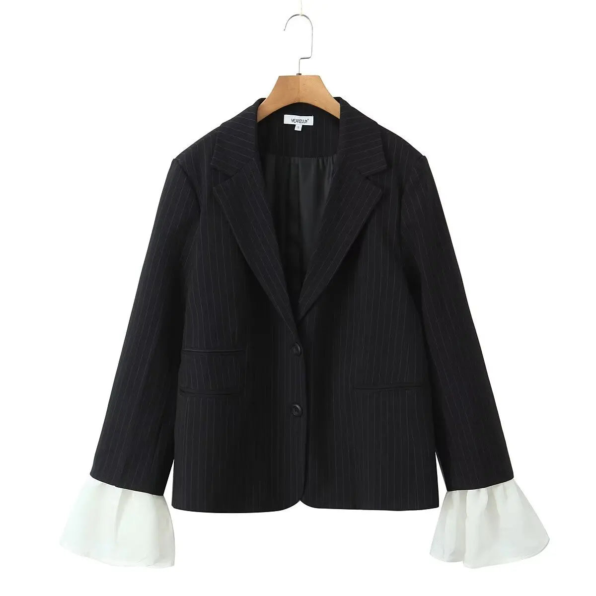 maoxiangshop - Fall New Striped Blazer Coat For Women With Detachable Splice Flare Long Sleeve Casual High Street Lapel Female Blazer