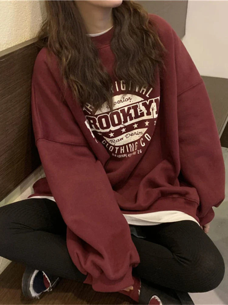 maoxiangshopHarajuku Gray Sweatshirts Women Hip Hop Letter Print Hoodies Oversized Loose Crewneck Pullover Tops Korean Streetwear