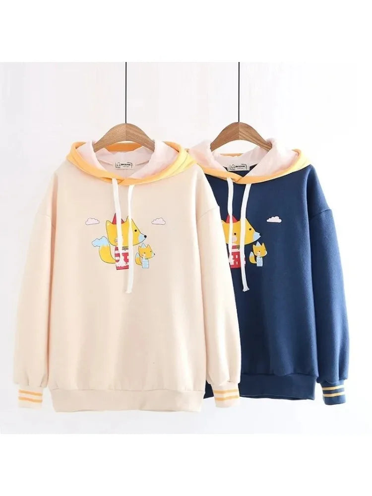 maoxiangshop Harakuju Cartoon Fox Print Casual Pullover Hoodies Women Winter Long Sleeve Hooded Sweatshirt Girly Loose Female Fleece Top