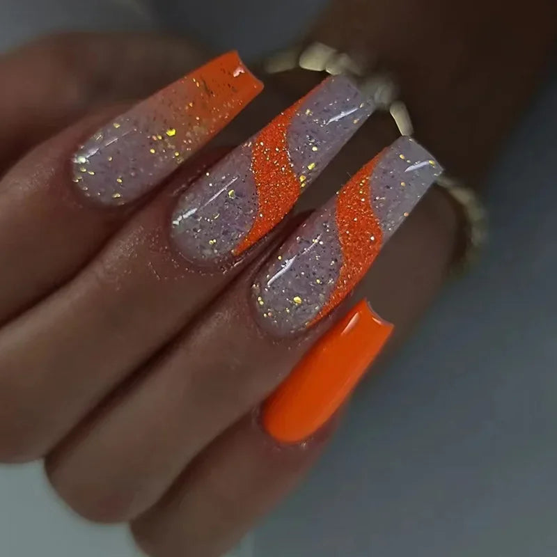 maoxiangshop 24pcs Long Coffin Purple False Nails Ballet Simple Glitter with Glue French Design Wearable Fake Nails Artificial Nail Tips