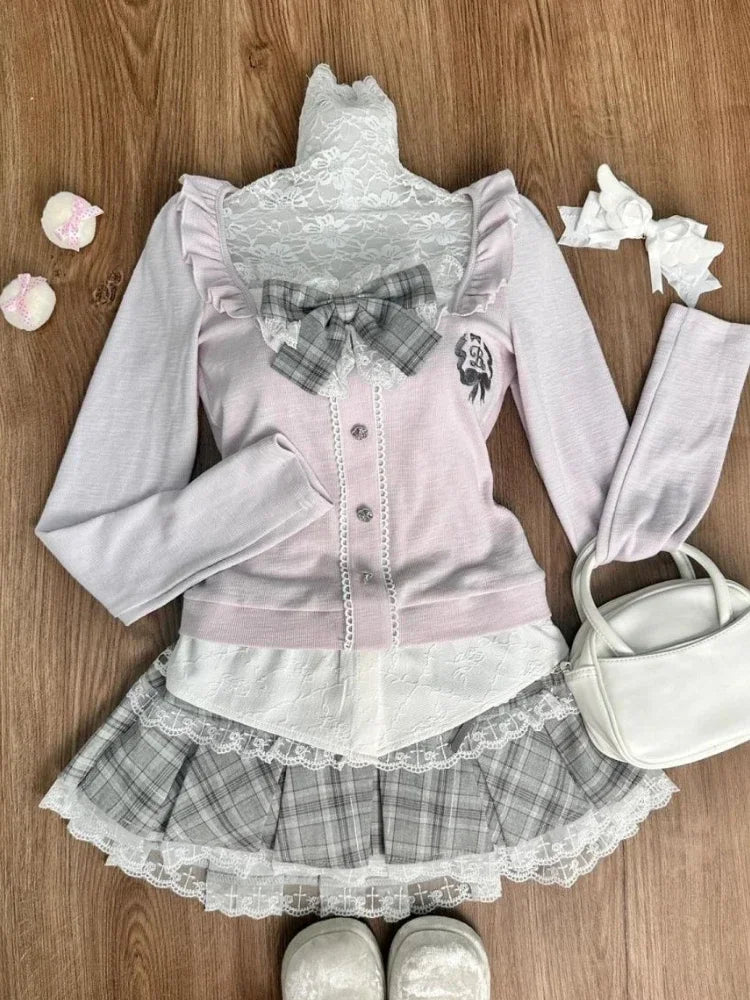 maoxiangshop - Autumn Winter Chic Solid 2-piece Set Women Korean Fashion Long Sleeve Slim Square Neck Tops + Elastic Waist Plaid Skirt Suit New