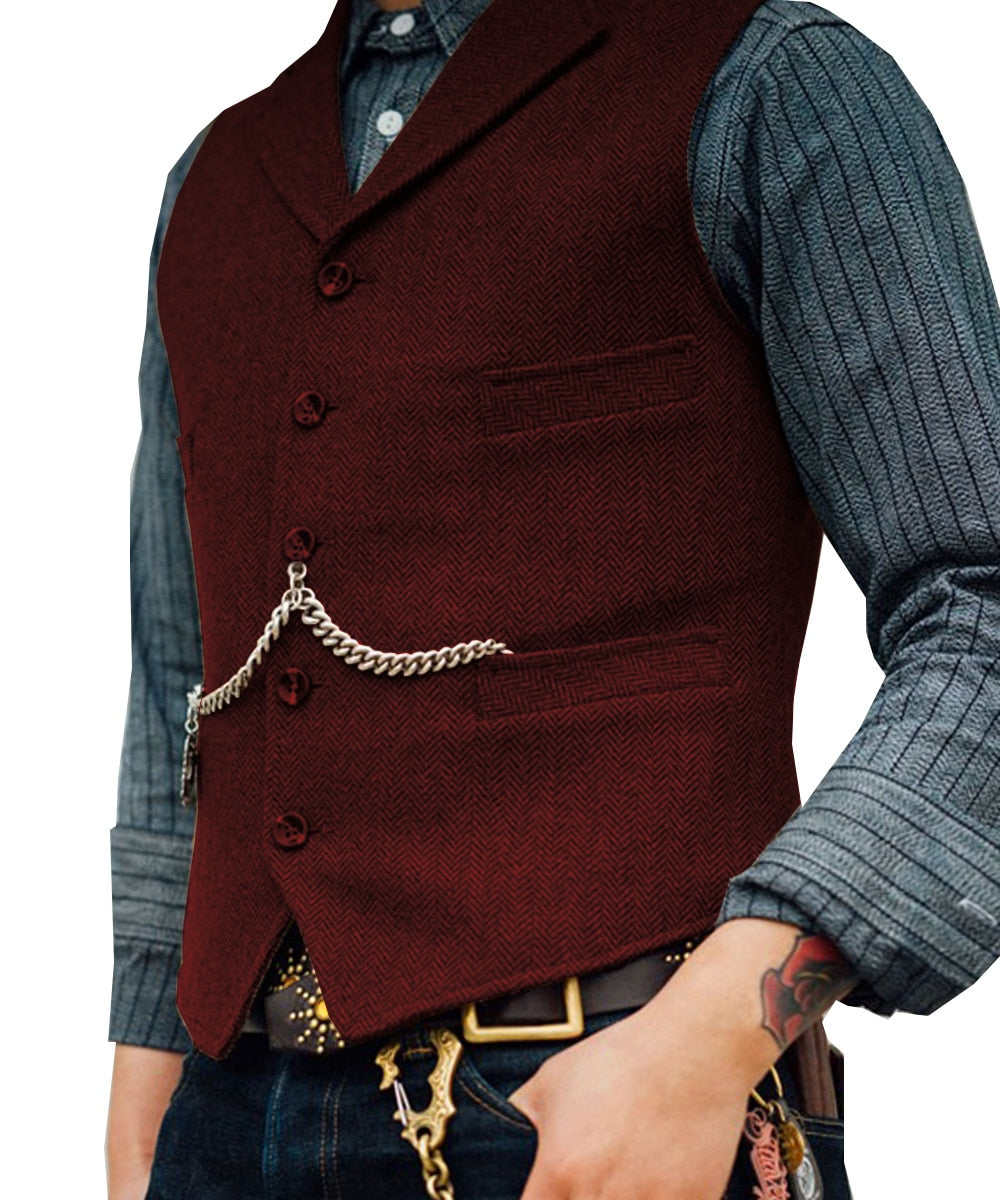 maoxiangshop Men's Suit Vest Brown Wool Tweed Business Waistcoat Jacket Casual Slim Fit Gilet Homme Vests For Groosmen Man Wedding