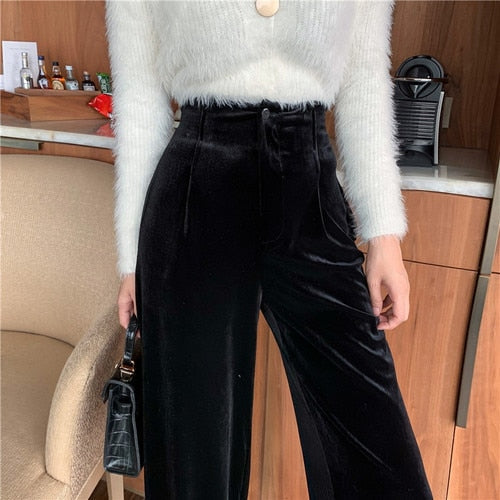 maoxiangshop Winter Velvet Elegant Pants Women Solid Casual Korean Style Wide-legged Pants Loose Casual Designer High-waist Trousers New