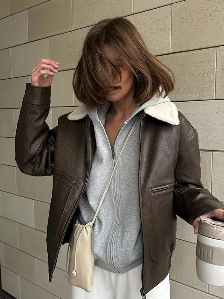 maoxiangshop - Solid Color Full Sleeve Zipper Faux Leather Jackets For Women Lamb Wool Lapel Demi-season Coats Autumn Warm New High Streetwear