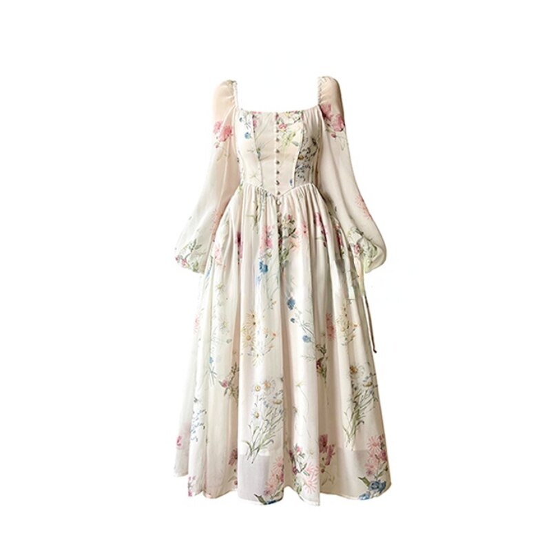 maoxiangshop French Elegant Floral Midi Dress Chiffon Long Sleeve Evening Party Dress Woman Beach Fairy One Piece Dress Korean Summer