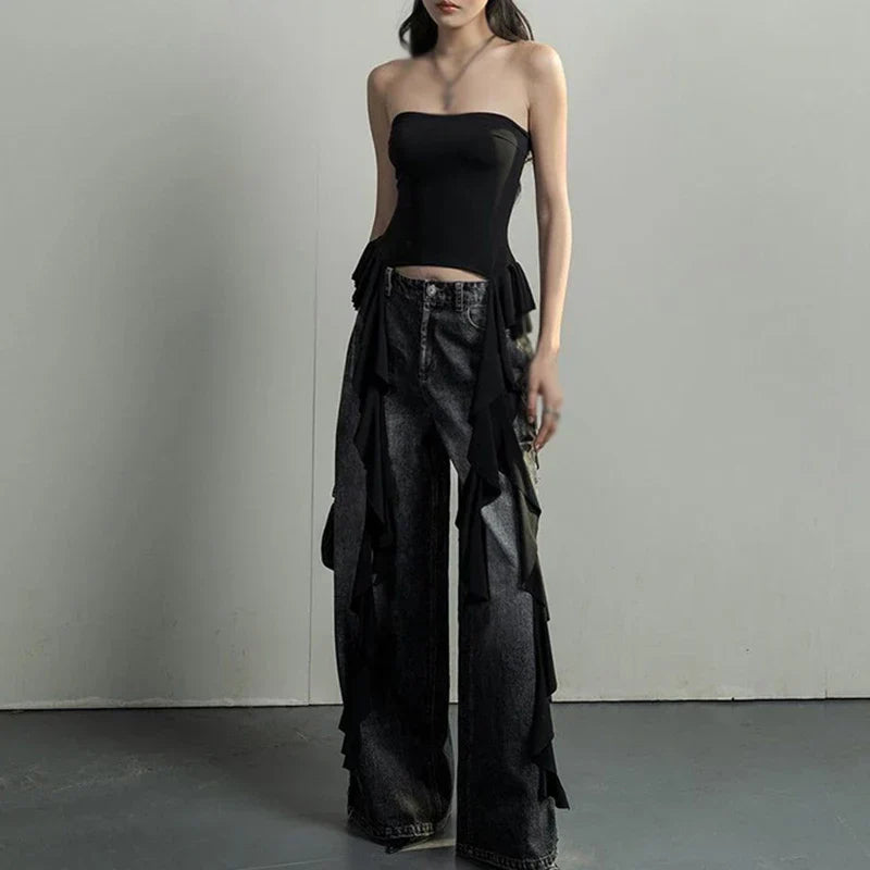 maoxiangshop-Y2k Tank Tops Asymmetrical Fringed Ruffle Top Streetwear Black Strapless Womans Summer Clothes