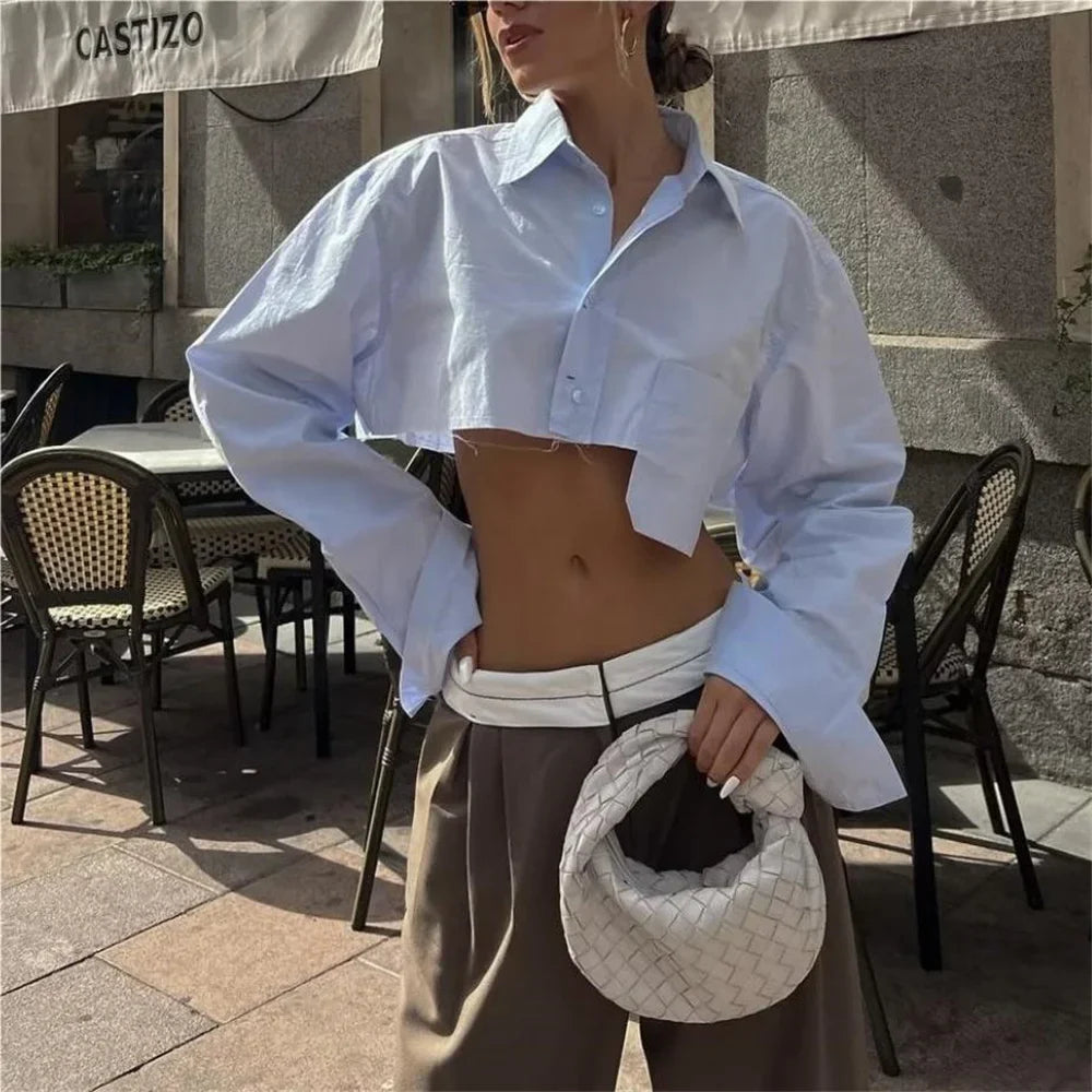 maoxiangshop - Long sleeve cropped blouse women Summer fashion sexy short blouse women white cute tops loose pocket designer clothes