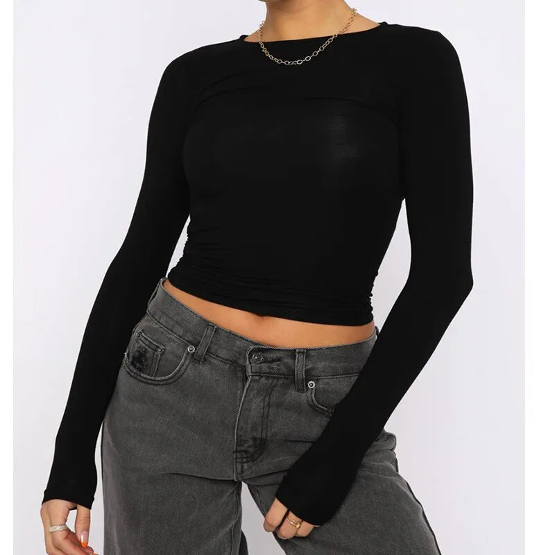 maoxiangshopWomen Autumn Slim Cropped Tops Solid Color Round Neck Long Sleeve Show Navel TShirt