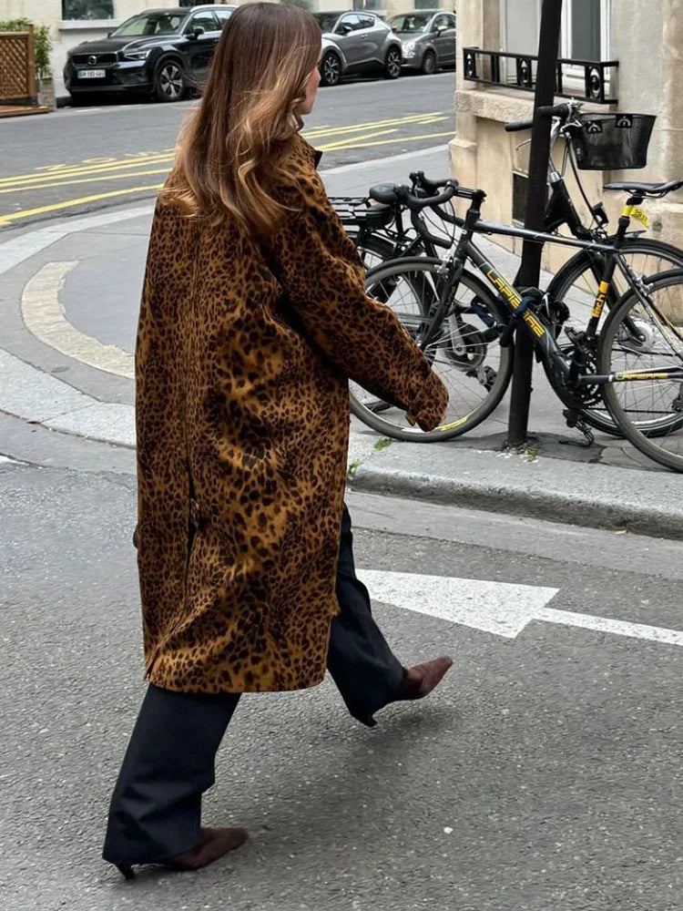 maoxiangshop - 2024 Autumn Leopard Print Women Oversize Trench Long Sleeve Single Breasted Long Loose Jacket Female Y2K Coat Streetwear