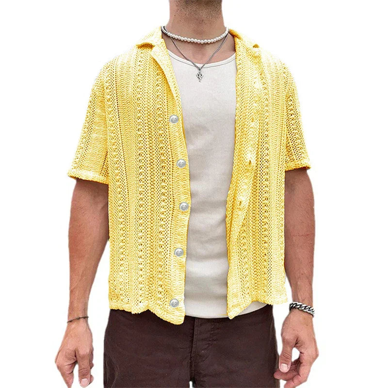 maoxiangshop Vintage Embroidery Knitting Mens Shirts Summer Beach Fashion Loose Short Sleeve Knit Tops For Men New Casual Knitted Cardigans