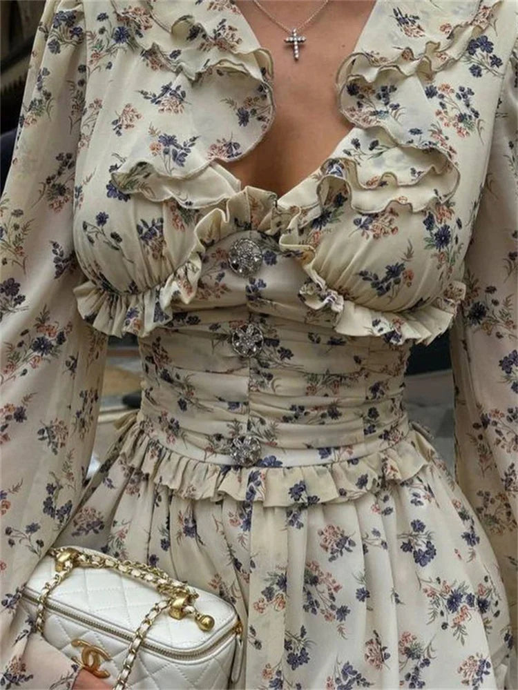 maoxiangshop - Ruffled V-Neck Printed Mini Dress Female Bandage Autumn Fashion Lace-Up Contrast Drawstring Dress For Women Party Dress