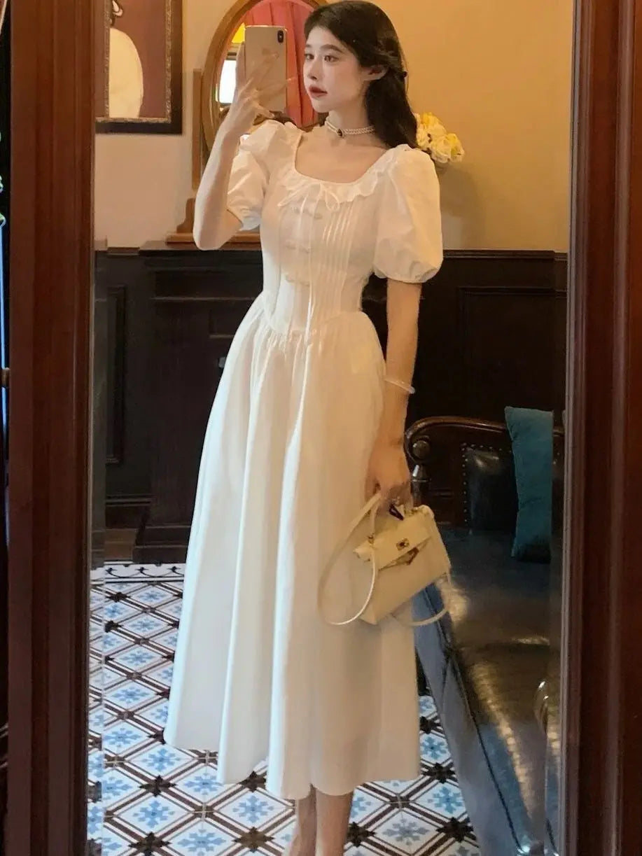 Women Summer Elegant Party Dress French Vintage Ruffles Ladies Robe Fashion Female Sexy Clothes