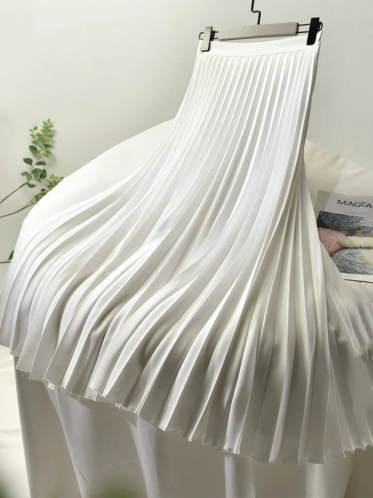 maoxiangshop Brand Designer Women Spring Autumn Elegant Chic Solid Pleated Skirt High Waist Luxury Fashion With Elastic Female