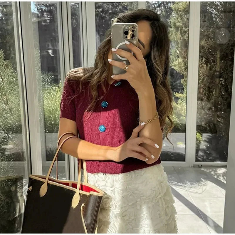 maoxiangshop - Knitted Short Cardigan Women Casual Single Breasted Sweater Female 2024 Autumn Sweater Short Sleeve Knitwear Coat